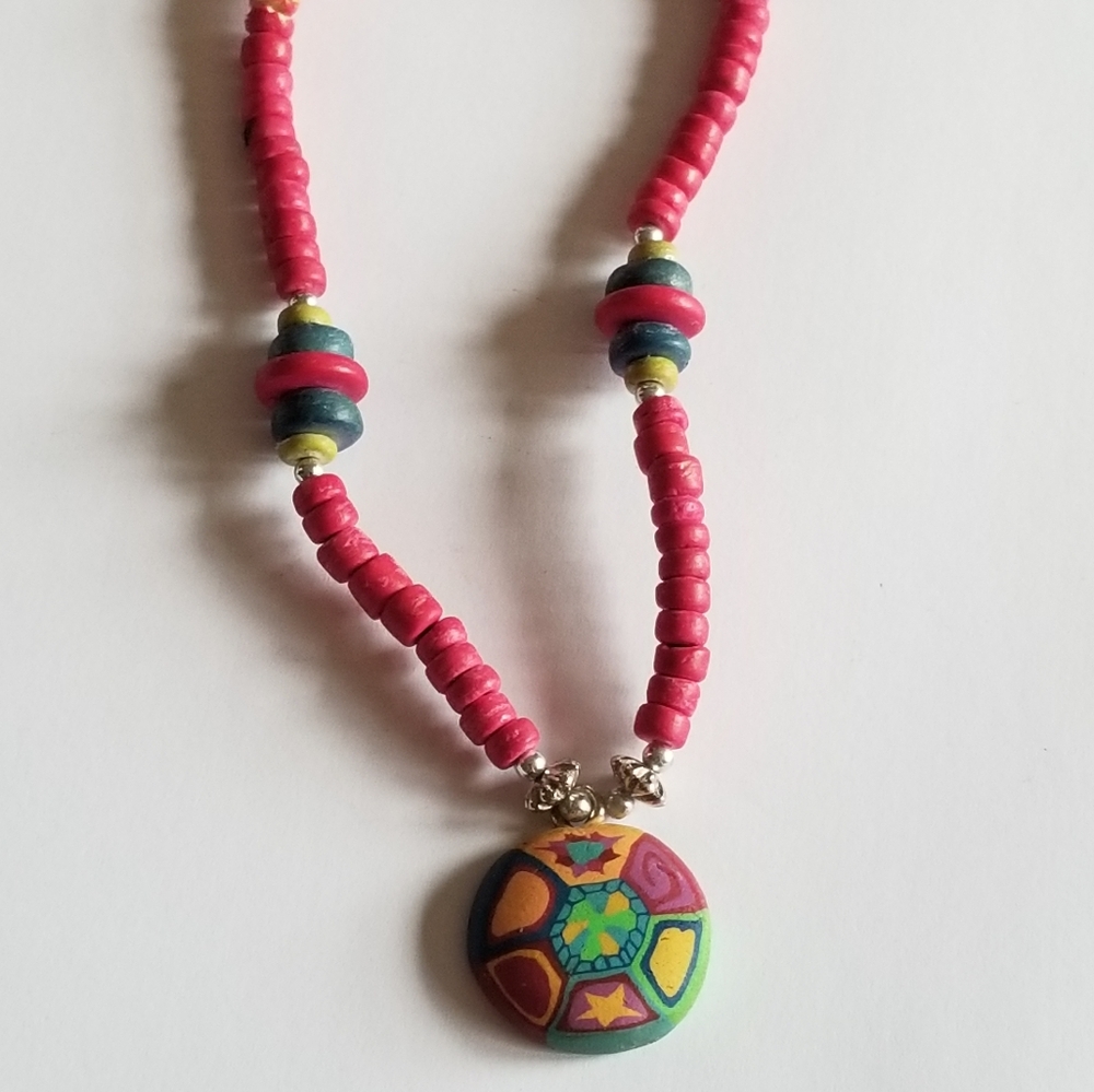 Vintage bright beads necklace Fimo polymer clay beaded pink colorful wood